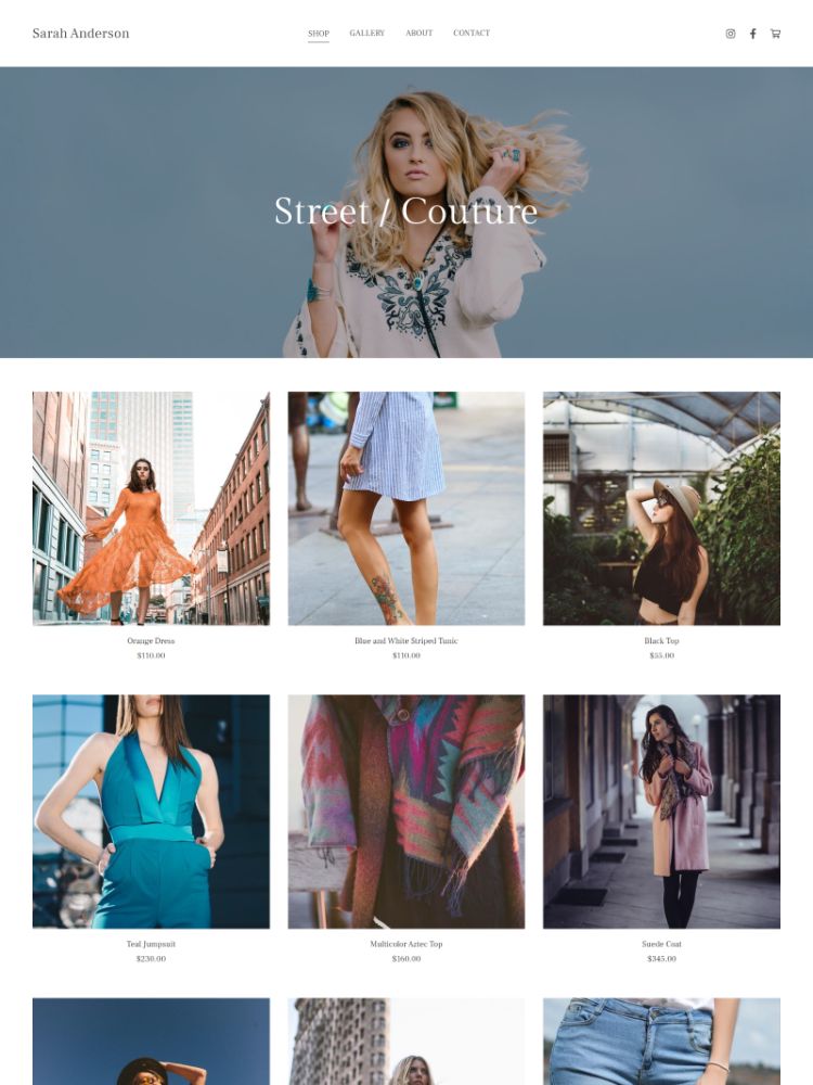 Avenue - Modello di sito web di portafoglio per la moda Pixpa